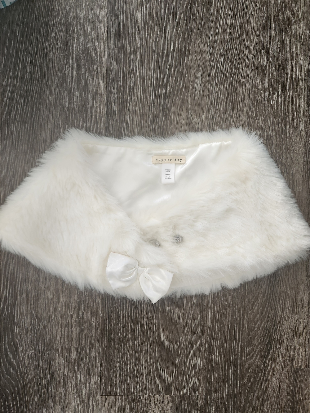 Copper Key White Faux Fur Bridal Shrug with Satin Bow